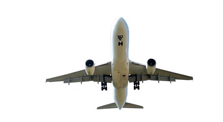 Underside view of a large airplane with landing gear extended against a white sky background image