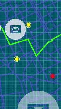Animation of email icons, green location line and data processing over blue background