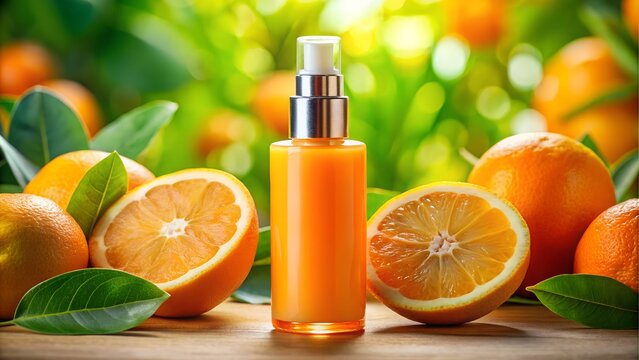 Orange juice bottle with fresh oranges and leaves