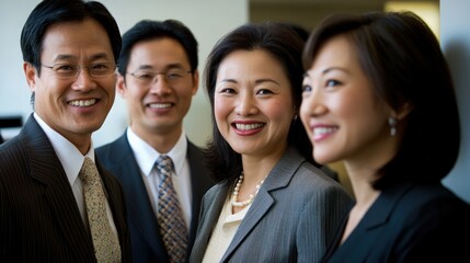 Business professionals smiling in a group.