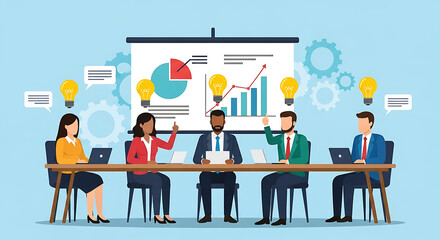 Fototapeta premium A colorful flat vector illustration of a diverse team brainstorming. Lightbulb icons symbolize creative ideas during a data-driven strategy meeting