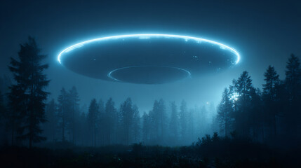 Glowing unidentified flying object hovers over a dark forest. Science fiction concept of extraterrestrial spacecraft and alien invasion.