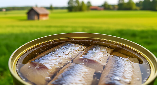 Swedish Surstr&ouml;mming Aquavit. fermented herring canned under aquavit liquor, countryside 