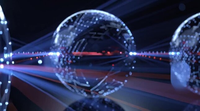 floating geometric spheres connected by thin glowing lines, slow pulsing motion, futuristic tech style, ultra sharp details, seamless loop
