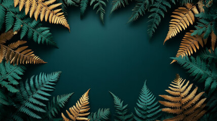 Vibrant fern leaves frame a teal background for nature themes.