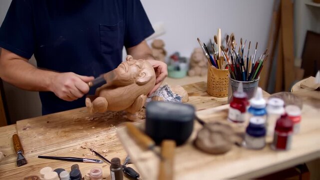 Woodcarver meticulously shapes a charming wooden figure in a workshop setting