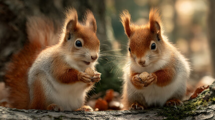 Two adorable squirrels with large eyes holding nut, furry animal. Cute wild life nature, forest inhabitant concept.