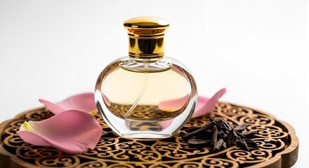 Perfume bottle with gold cap and rose petals on a decorative wooden tray in a studio setting