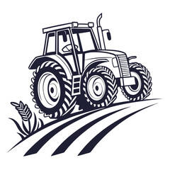 Farming tractor with large wheels in a field agriculture vehicle