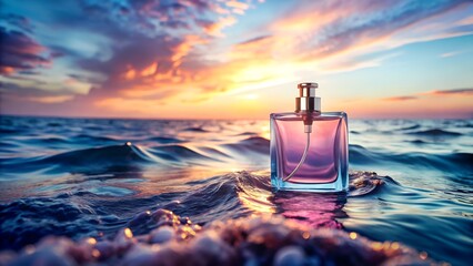 Perfume bottle floating on ocean waves at sunset
