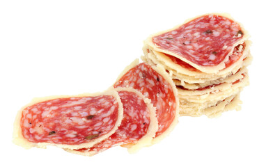 Pork salami slices with truffle coated in parmigiano reggiano cheese isolated on a white background