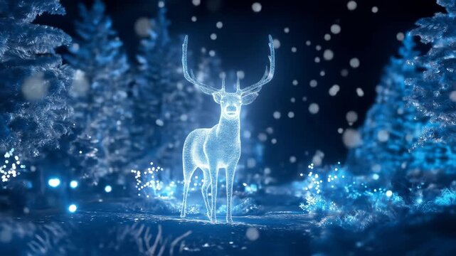 Digital hologram of a deer in a winter forest. Abstract blue deer and trees in virtual space. Christmas holidays and winter concept footage.