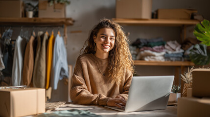 A female online clothing entrepreneur working from home with hanging garments and packaging boxes around her. E-commerce and small business concept.