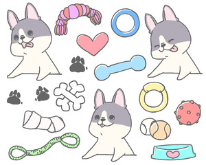 French bulldog sticking out tongue and toy icon set (pied)