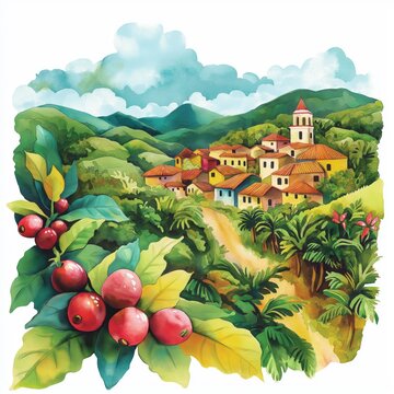 Coffee Cultural Landscape - Eje Cafetero. Coffee Cultural Landscape - Eje Cafetero hand drawn watercolor illustration