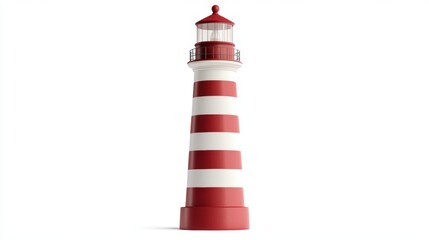 A tall, red and white striped lighthouse stands prominently against a white background, symbolizing guidance and safety, Ideal for maritime themes, travel blogs, and coastal decor,