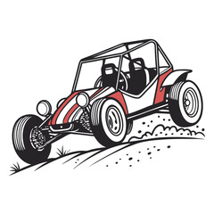 Red and white dune buggy driving on sandy terrain off-road vehicle