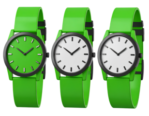 Bright Green 3D Wrist Watches with Plastic Straps, Transparent PNG background.