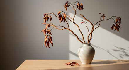 Dried Manzanita Arrangement in Minimalist Vase on Modern Tabletop, Reddish Smooth Twists and Artistic Display, Bright Studio Decor