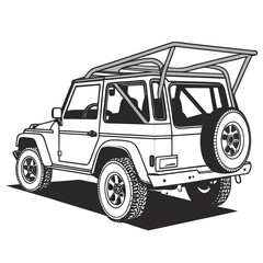 Offroad vehicle with open roof cage and spare tire convertible