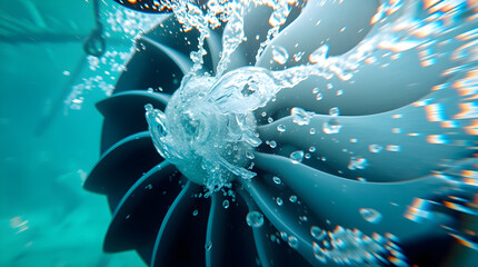 Underwater turbine spinning and creating water jets and bubbles