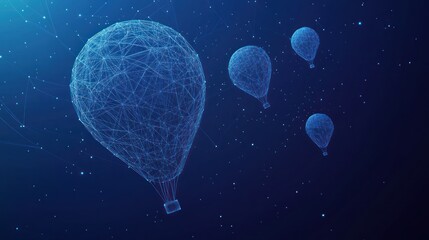 Abstract polygonal hot air balloons floating in a dark blue night sky.