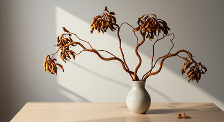 Contorted Reddish-Brown Dried Manzanita Wood Artfully Arranged in Modern Vase, Styled on a Minimal Light Wood Table with Soft Lighting