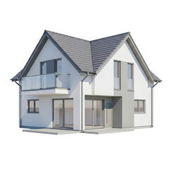 Modern white and grey two story house with glass balcony and large windows isolated on transparent background