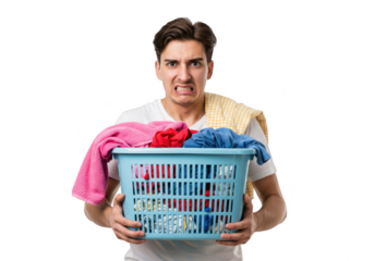 A young man holding a laundry basket full of clothes with a disgusted expression, isolated on white isolated on transparent background
