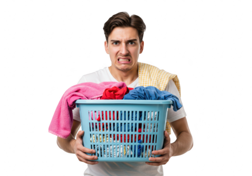 A young man holding a laundry basket full of clothes with a disgusted expression, isolated on white isolated on transparent background