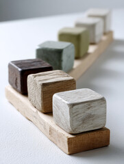 Wooden blocks arranged in a neat, symmetrical row.