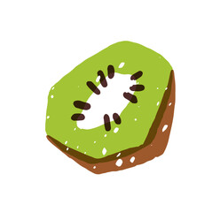 Doodle ripe kiwi. Icon of half of fresh exotic fruit. Organic, natural food from tropical garden, orchard crop. Healthy eating. Flat isolated hand drawn vector illustration on white background