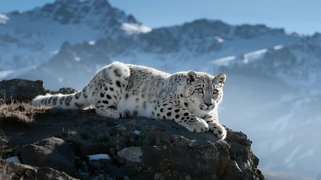 Majestic Snow Leopard Resting on Rocky Peak with Snowy Mountain Backdrop