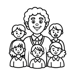 Bold Cartoon Of Teacher With Diverse Students In An Educational Classroom Environment vector line art on white background