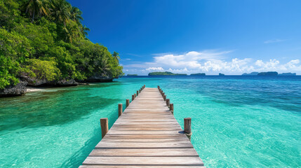 Fototapeta premium Tropical plants surround serene overwater walkway leading to vibrant blue ocean