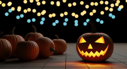 Spooky Halloween Jack-o'-lantern with glowing face, surrounded by uncarved pumpkins, illuminated by soft blue and yellow string lights on a tiled floor.