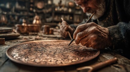 Close-up of an elderly coppersmith's weathered hands carefully engraving an intricate floral motif onto a polished copper plate using a diamond-tipped stylus. 