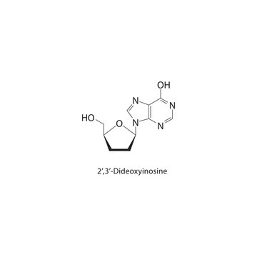 2&rsquo;,3&rsquo;-Dideoxyinosine skeletal structure. antiviral nucleoside compound schematic illustration. Simple diagram, chemical formula.