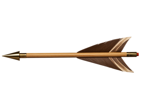  Horizontal wooden arrow with brown feather fletching and golden arrowhead isolated on transparent background PNG - Powered by Adobe