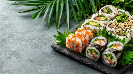 Artful sushi arrangement on black stone plate with fresh ingredients and tropical leaves