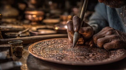 Close-up of an elderly coppersmith's weathered hands carefully engraving an intricate floral motif onto a polished copper plate using a diamond-tipped stylus. 