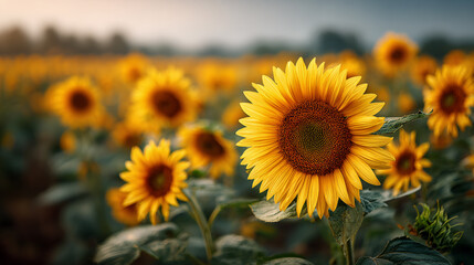 Fototapeta premium Close up of a sunflower in a field with other sunflowers in the background. Agriculture and nature concept.