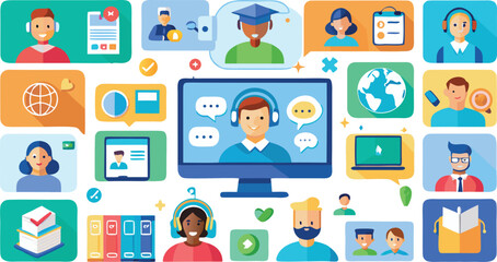 Diverse group of people engaged in online communication and learning, represented by various digital devices and icons.