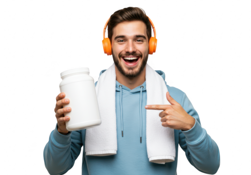 A happy man in headphones and a towel points to a supplement bottle, smiling broadly, isolated on a transparent background
