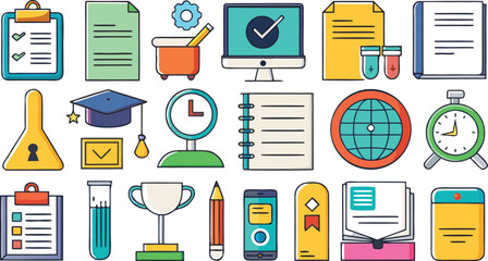 Collection of education and business-related icons, including a clipboard, documents, computer, graduation cap, trophy, test tube, and other symbols.