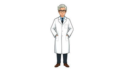 Vector illustration of a confident senior male professor wearing a white lab coat and glasses, standing with hands in pockets, representing professionalism, intelligence, and academic expertise.