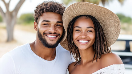 Fototapeta premium Happy couple smiling together, wearing summer hats, enjoying sunny day outdoors