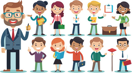 Diverse group of cartoon business professionals in various poses, presenting and interacting.