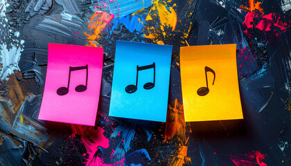 Music notes on colorful sticky notes on an artistic  grunge background handwritten on separate colors, yellow, pink, blue