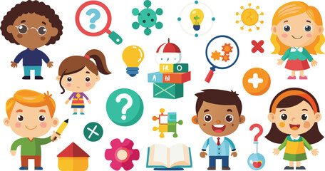 Cartoon children and educational elements, including magnifying glasses, light bulbs, and question marks.